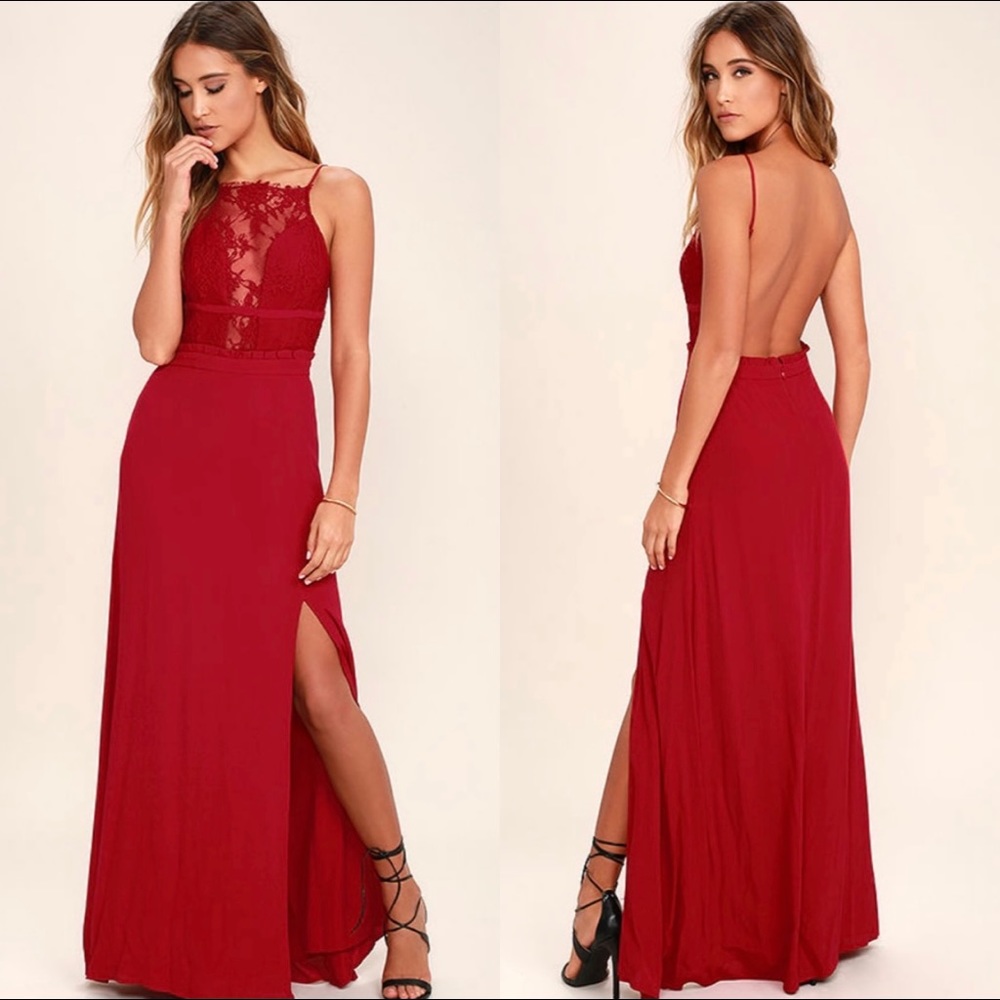 NBD Stephania Red Lace Backless Maxi Dress